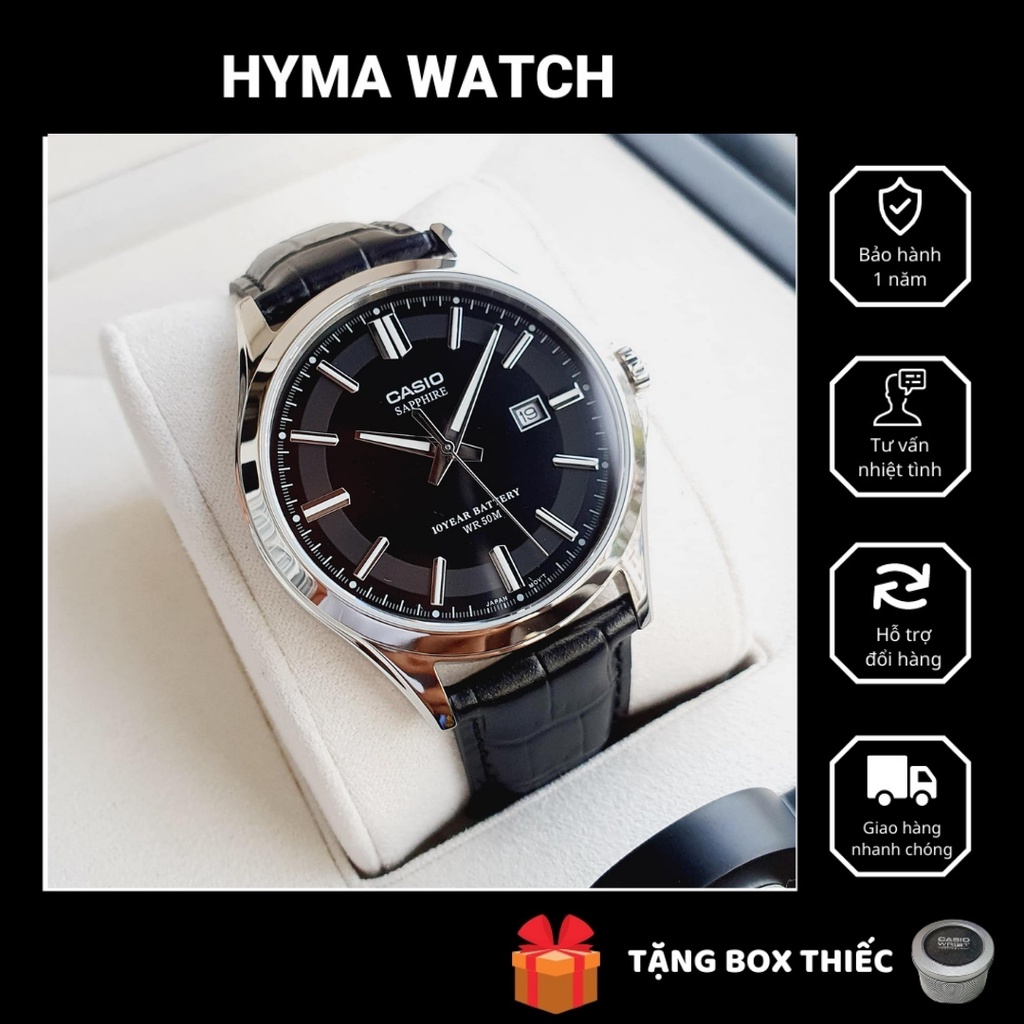 Đồng hồ nam dây da mặt đen Casio MTS 100L-1AV kính Sapphire - Pin 10 năm Bảo hành 1 năm Hyma watch | BigBuy360 - bigbuy360.vn