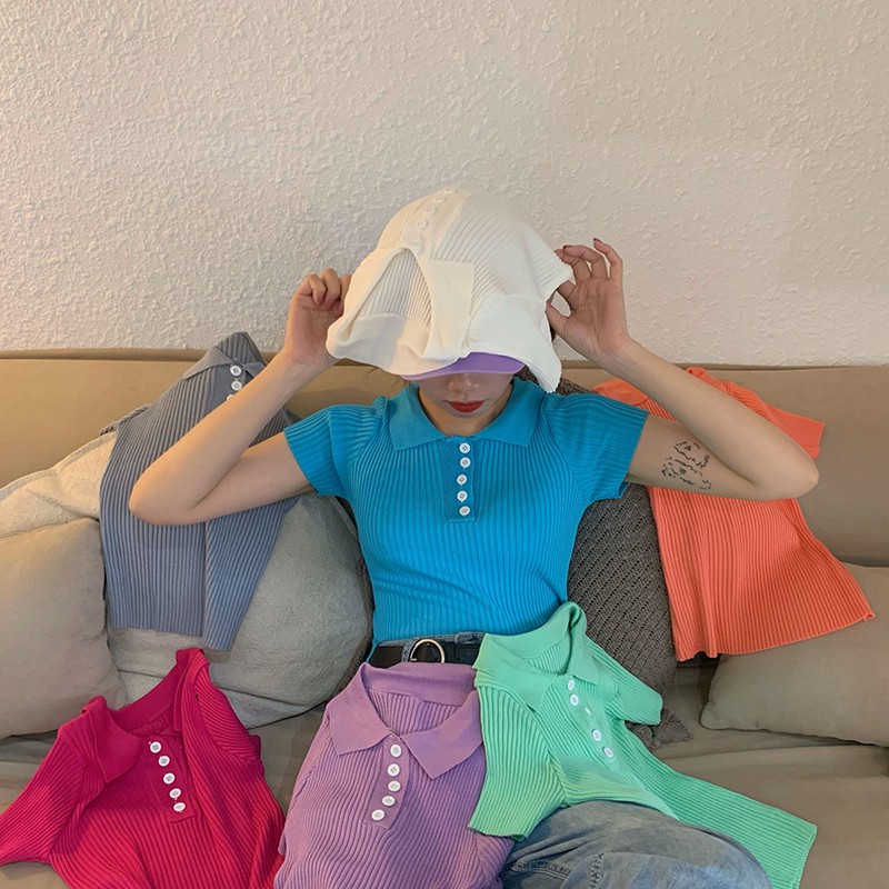 Áo Thun Dệt Kim Ngắn Tay Cổ Bẻ Màu Trơn Thời Trang Cho Nữ