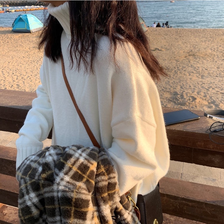 Áo Len Cổ Lọ Dáng Rộng Màu Sắc Đơn Giản Cho Nữ