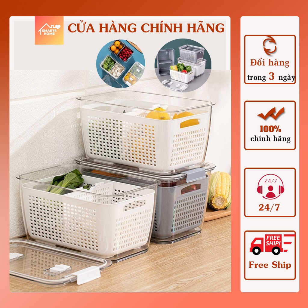 Hộp Đựng Thực Phẩm Tủ Lạnh 2 Lớp,Hộp Đựng Rau Củ Quả Có Lỗ Thoát Nước, Có Khóa Thoát Khí, Dễ Dàng Bảo Quản Rau Củ