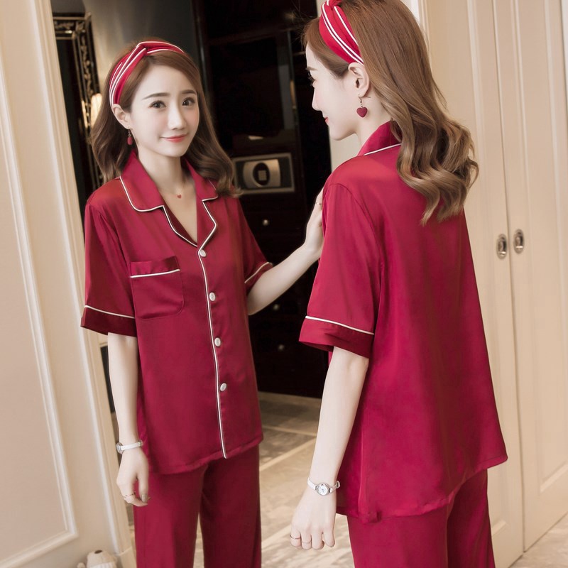 Bộ đồ ngủ tay ngắn bằng lụa satin màu trơn cỡ M-5XL dành cho nữ