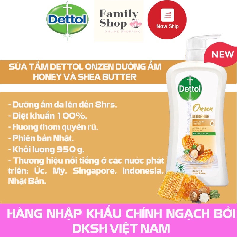 Sữa tắm Dettol kháng khuẩn Onzen mật ong 950g