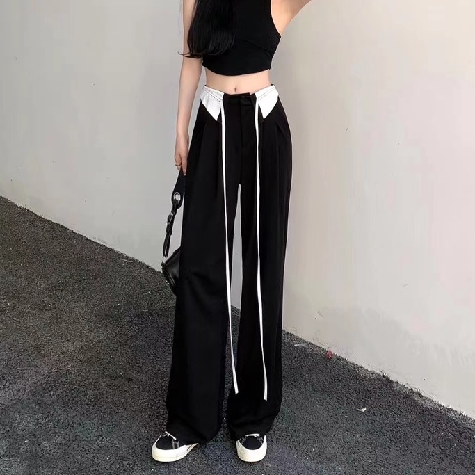 Quần Dài Lưng Cao Ống Rộng Màu Đen Phối Dây Rút Thời Trang Cá Tính Cho Nữ