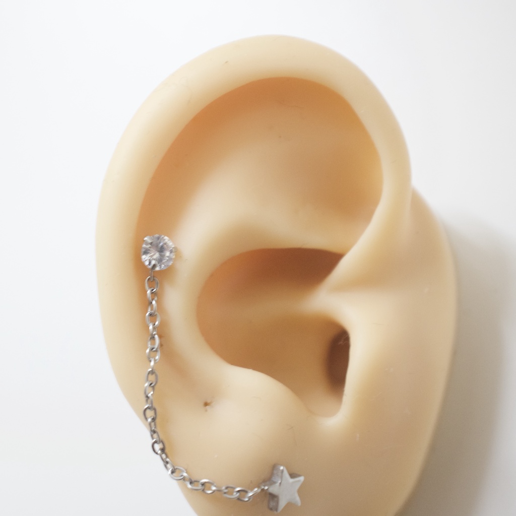 Khuyên Tai 2 Lỗ Xỏ 1 Đá Tròn 1 Ngôi Sao Dây Nối Đuôi Bi Dây Xích Không Đen Không Gỉ Sét Julies Box