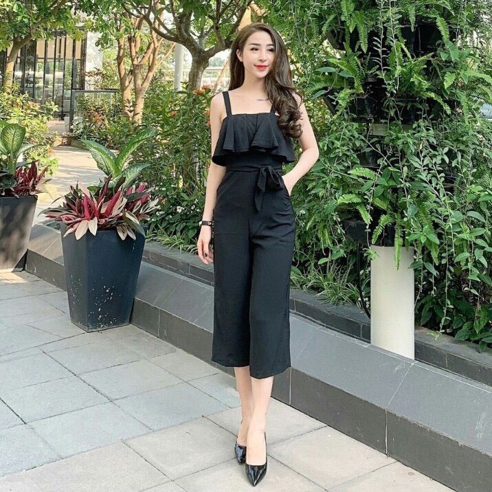 Jumpsuit dài ống suông sẻ thắt nơ eo xinh xắn ( có mút ngực )