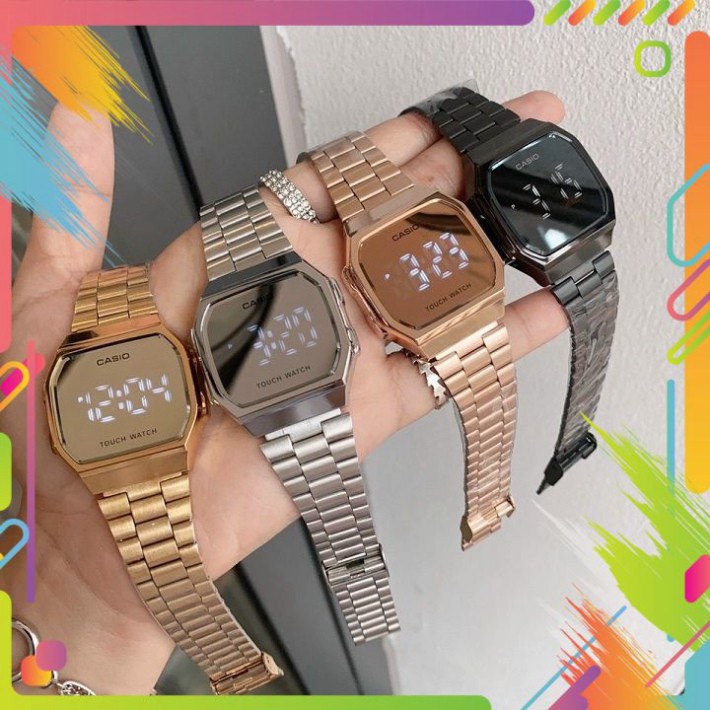 Đồng Hồ Casio Cảm Ứng Unisex 🔥 Ảnh Thật 🔥 A168 Đèn Led, Thép không gỉ, mặt tráng gương - Đồng.hồ.casio.Nam.nữ