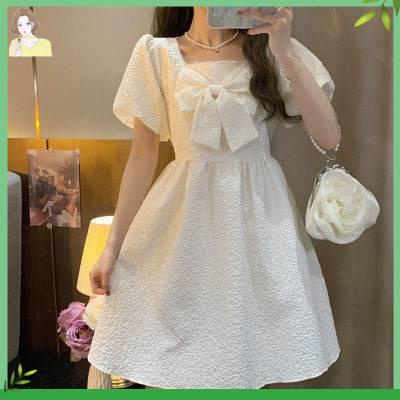 🎀váy babydoll Đầm Búp Bê Eo Cao Tay Phồng Cổ Vuông Đính Nơ Phong Cách Pháp Thời Trang Mùa Hè 2022 Mới