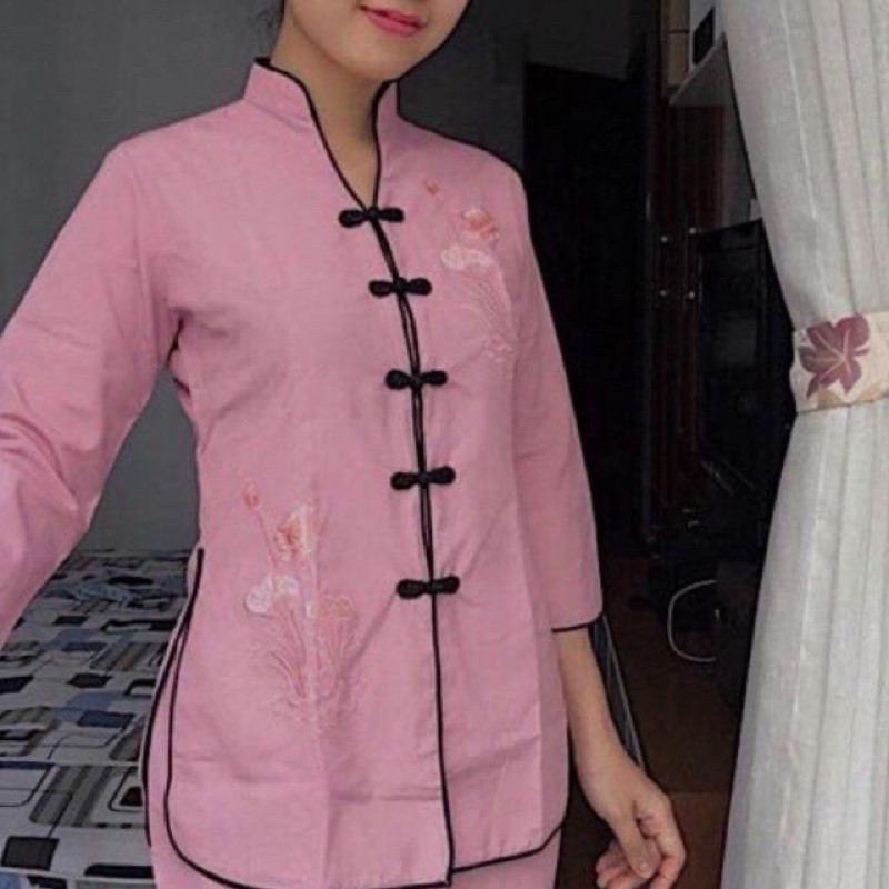 Đồ lam đi chùa( cổ tàu kate thiêu hoa sen