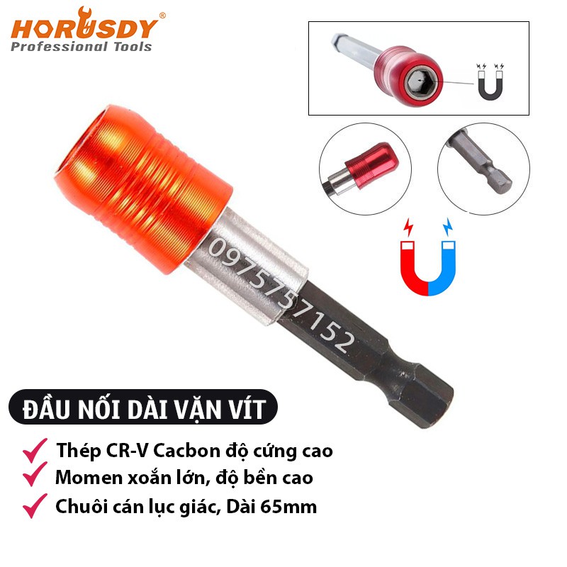 Đầu nối dài vặn vít 60mm có khóa gài chống rớt cao cấp HORUSDY Australia chân lục giác, đầu nối vít có nam châm