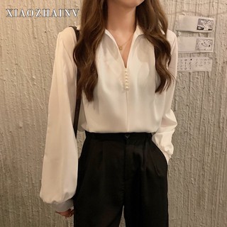 Xiaozhainv Áo Sơ Mi Nữ Tay Dài Dáng Rộng Màu Trơn Phong Cách Hàn Quốc