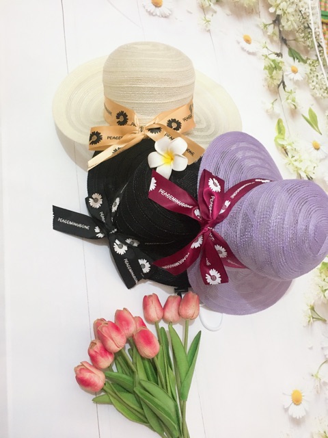 Mũ cói gấp gọn nửa đầu nơ hoa cúc