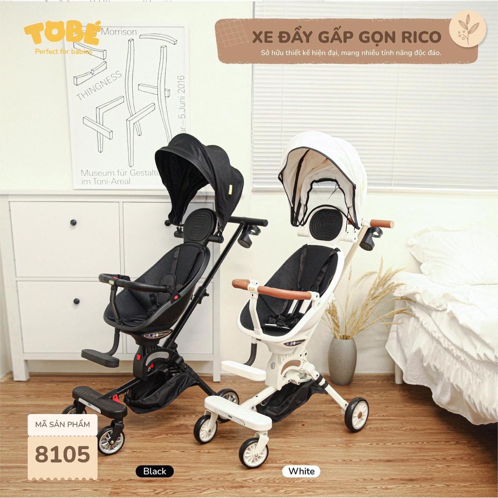 Xe đẩy gấp gọn Tobe Rico Plus cao cấp chịu lực tốt giảm rung lắc chất liệu da PU thiết kế ngả ghế linh hoạt bé 8105 8106