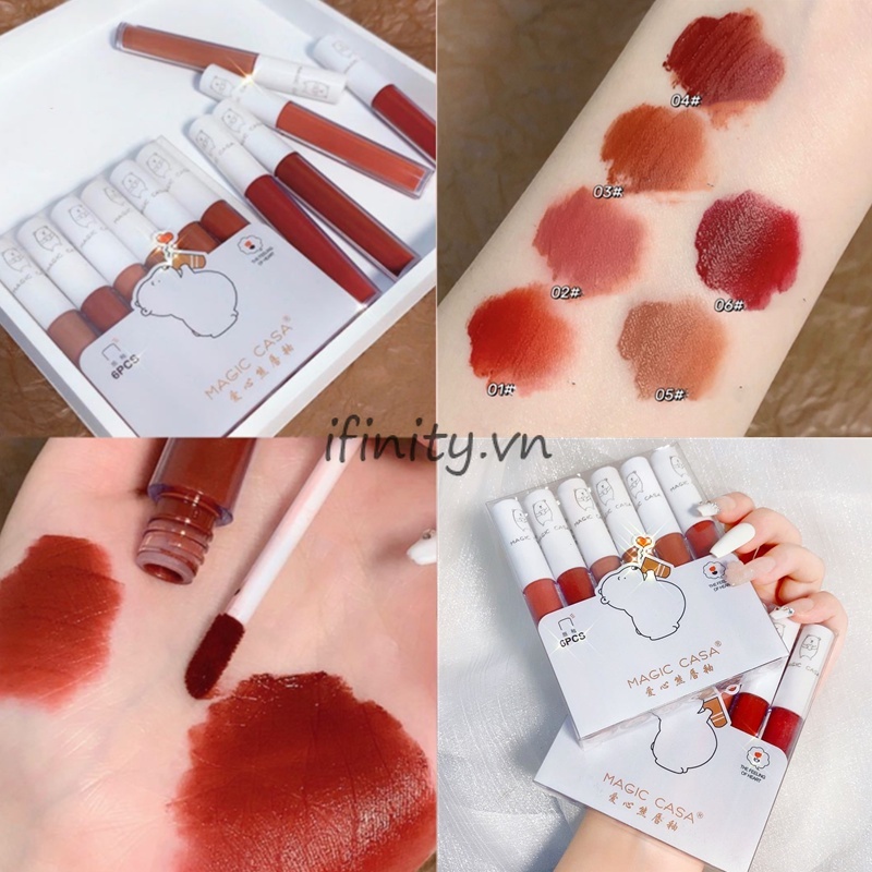 [Hàng mới về] Set 6 Son Kem Lì MAGIC CASA bear Fluffy Lip Glaze velvet Siêu Xinh Chất Mềm Và Mịn Môi Cao Cấp