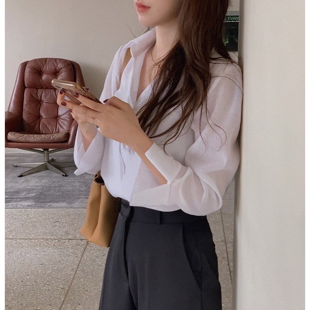 Áo sơ mi dài tay cổ bẻ hàng nút hàng nút phong cách Hàn Quốc mới 45190