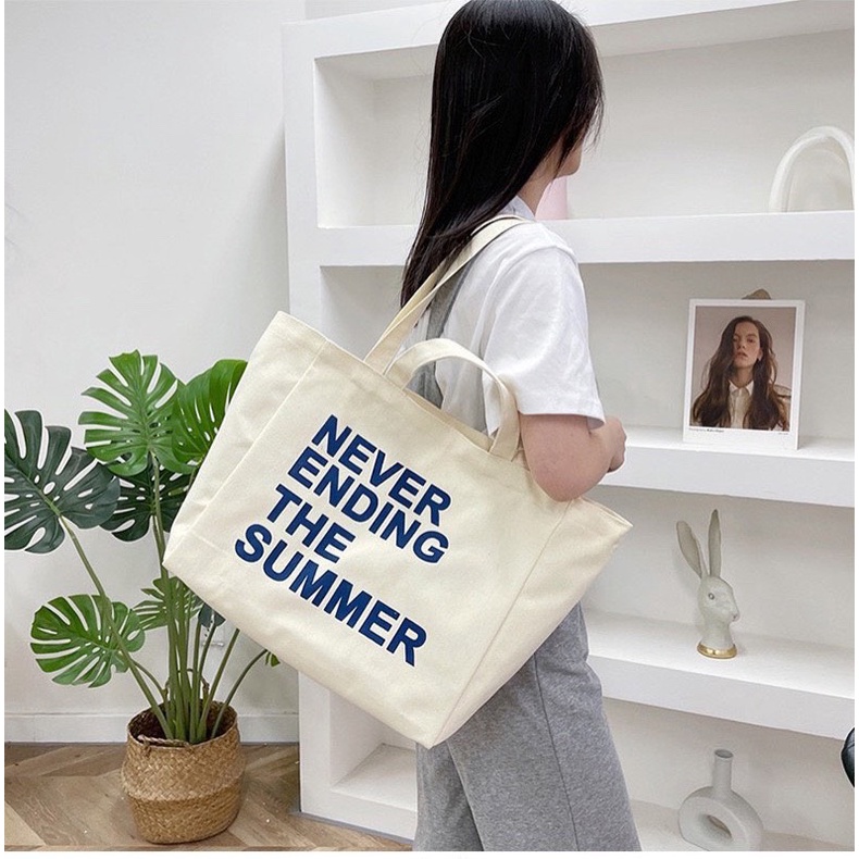 Túi tote túi vải canvas Never Ending phong cách Hàn quốc có khóa miệng ngăn phụ bên trong thời trang ulzzang-Haka store