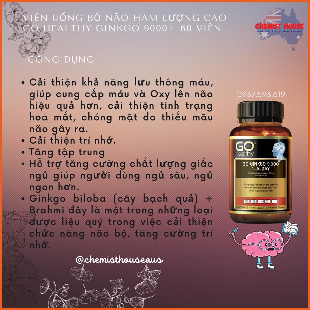 Viên uống bổ não hàm lượng cao 9,000mg bạch quả cải thiện trí nhớ tập trung - GO Healthy Ginkgo 9000+ 60 viên