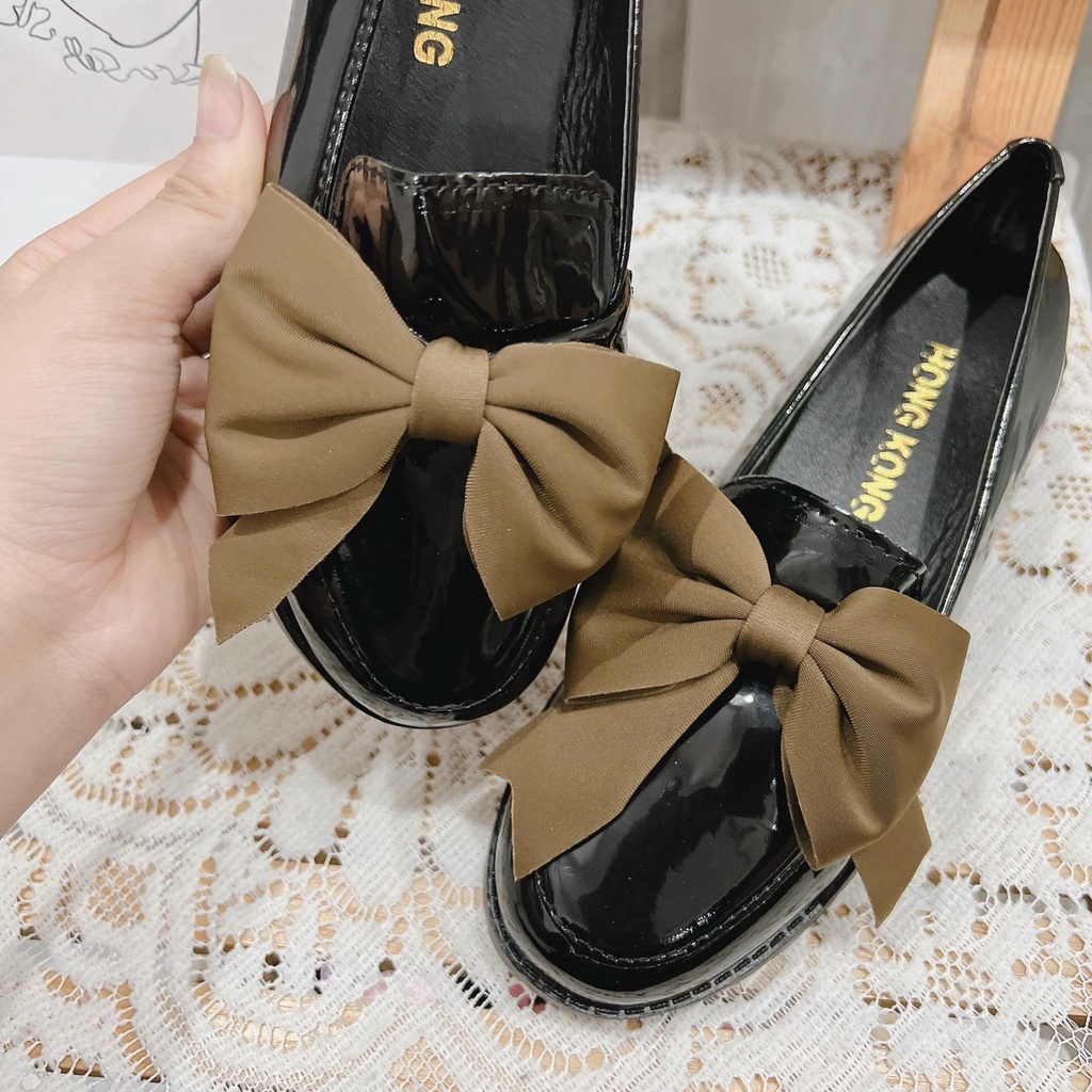 Giày nữ đính nơ 2 màu giày bóng đính nơ lên dáng cực xinh
