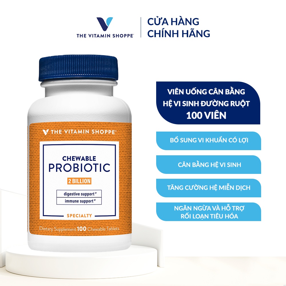 Viên uống hỗ trợ cân bằng hệ vi sinh đường ruột THE VITAMIN SHOPPE Chewable Probiotic 2 Billion 100 viên