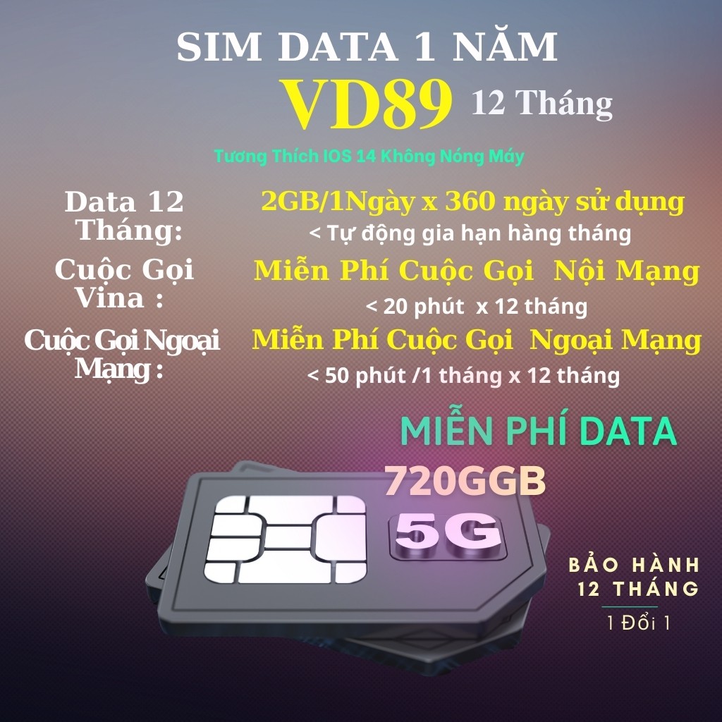 Sim Data VD89 Vinaphone Miễn Phí 720GB Và Gọi 12 Tháng,Tốc Độ Cực Nhanh,Bảo Hành Chính Hãng