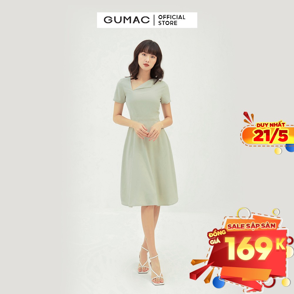 Đầm xòe nữ cổ lật bản eo GUMAC màu xanh trơn, đủ size, trẻ trung, thanh lịch DB365