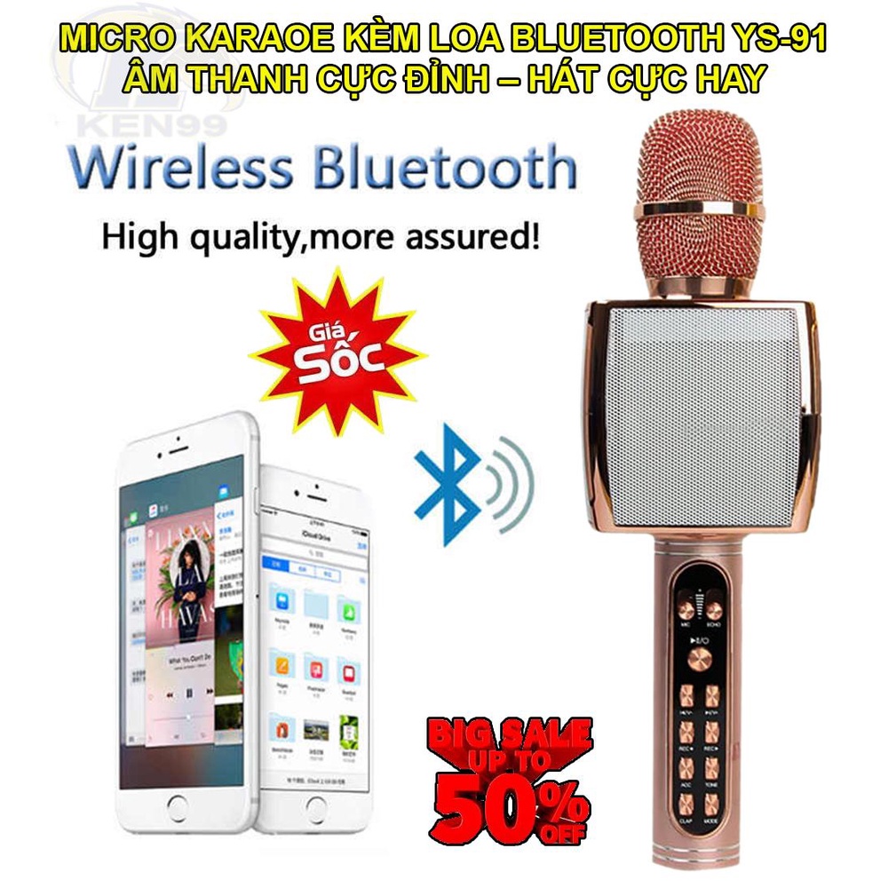 Mic Hát Karaoke, Micro Karaoke Kèm Loa Bluetooth YS-91 Kèm Loa Bluetooth 3 trong 1 Âm thanh cực đỉnh - Hát Cực Hay