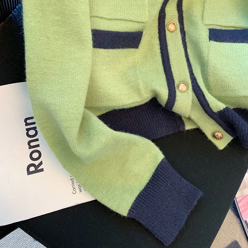 Áo Khoác Sweater Dệt Kim Dáng Ngắn Phối Màu Tương Phản Kiểu Retro Thời Trang Mùa Thu Cho Nữ