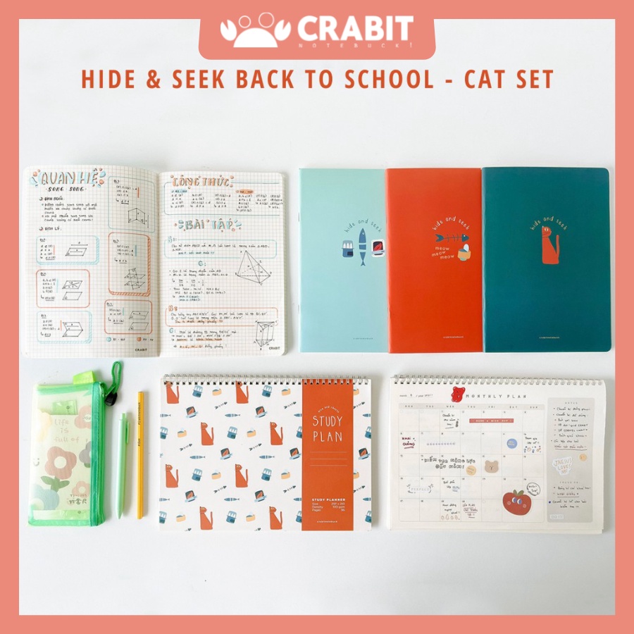 Set vở grid, planner, thước, bút Hide &amp; Seek - Cat Mèo