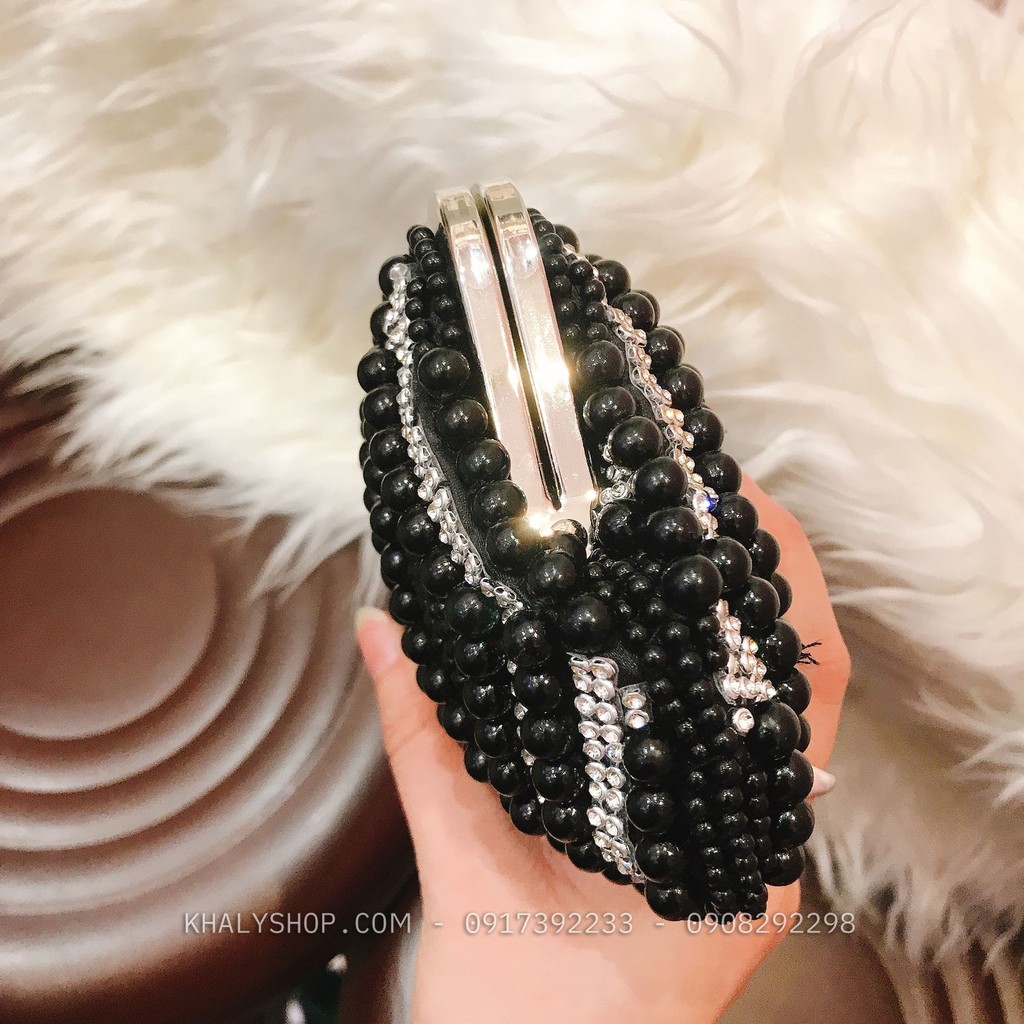 Bóp đầm clutch dạ hội dự tiệc sang trọng đeo chéo xách tay kết hạt châu màu trắng đen siêu xinh cho bạn nữ - (22x3x12cm)