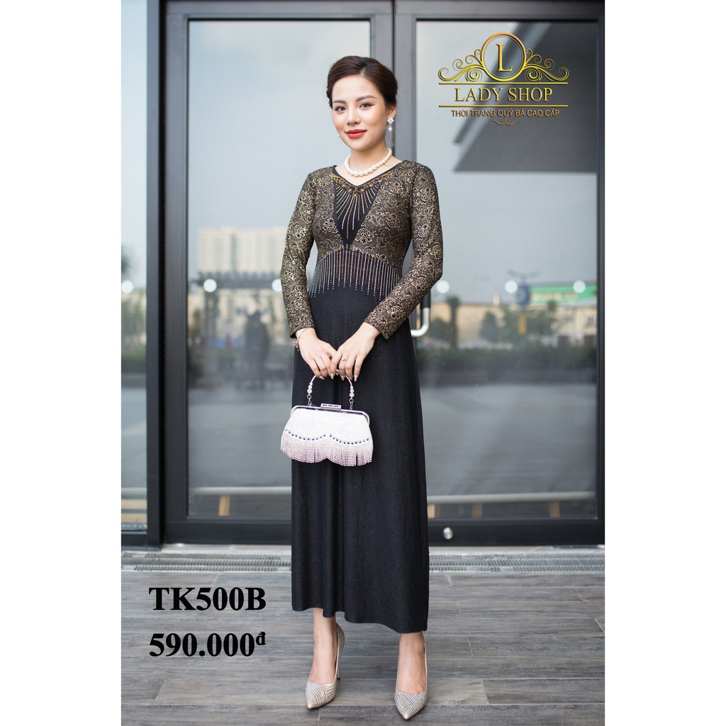 Váy trung niên quý bà cao cấp Ladyshop Maxi kim sa đỏ cổ V đá tia TK500 | BigBuy360 - bigbuy360.vn