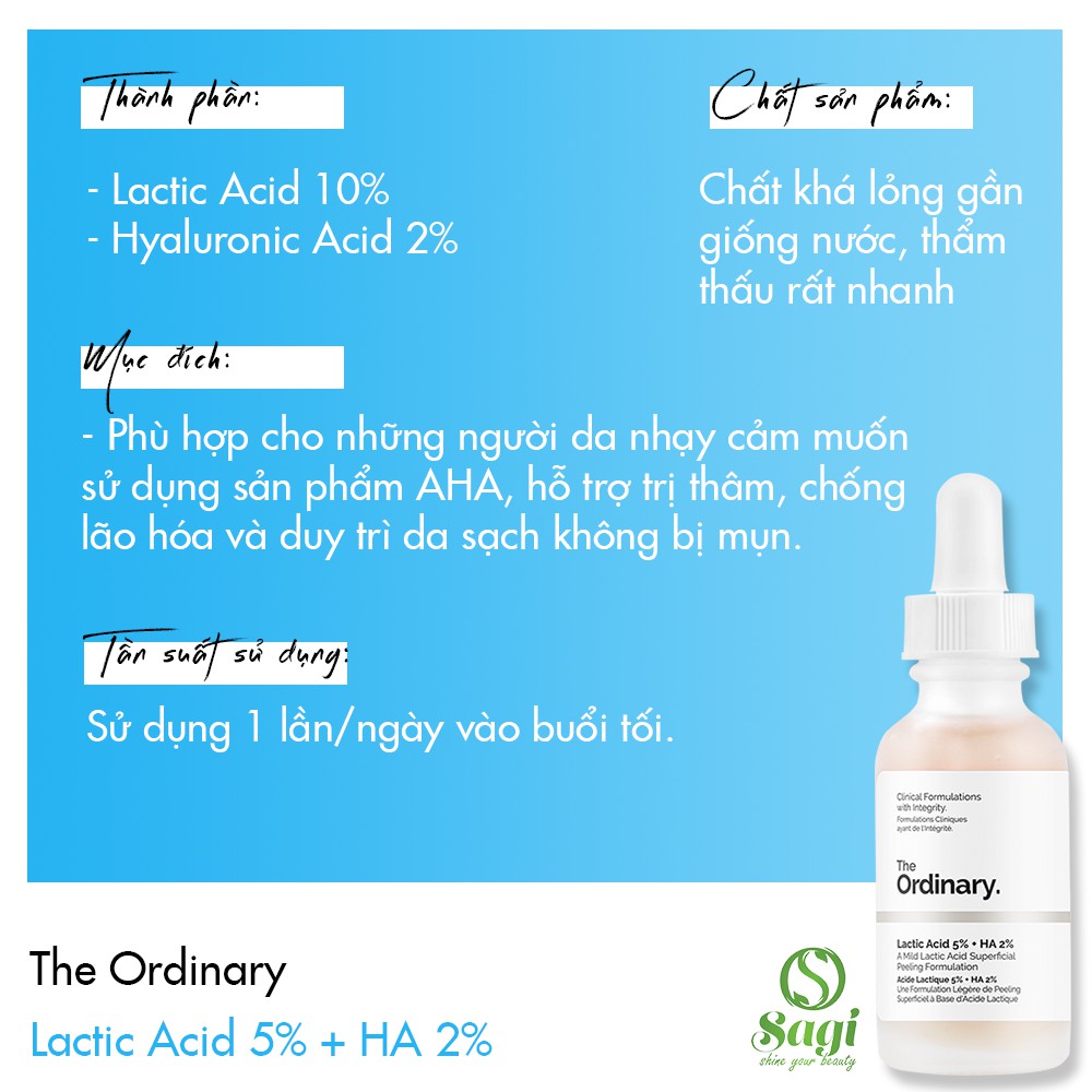 The Ordinary 30ml Lactic Acid 5% + HA, Tẩy da chết AHA - Lactic Acid 5%