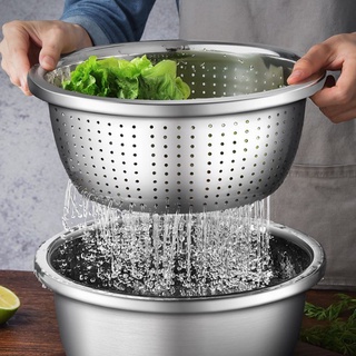 Bộ thau rá rổ inox 304 vo gạo, rửa rau củ quả tiện lợi, Chậu kèm rổ rá inox dày đẹp sáng bóng nhiều size dễ sử dụng
