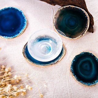2Pcs Agate Slice Blue Coaster Tray Decorative Design Gold Edges