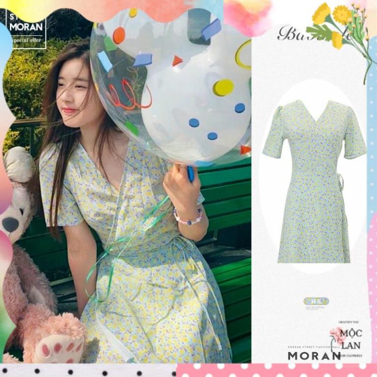 Váy MORAN hoa nhí màu vàng xanh cổ V thắt eo xòe ngắn style Triệu Lộ Tư