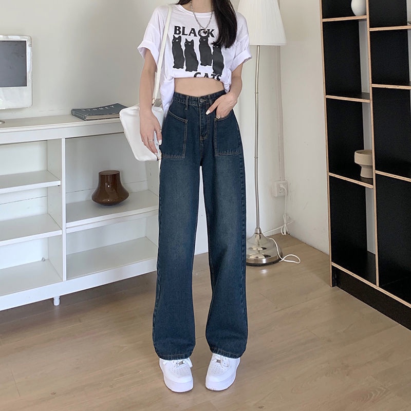 Quần Jeans Ống Rộng Lưng Cao Thời Trang Mùa Hè 2022 Cho Nữ