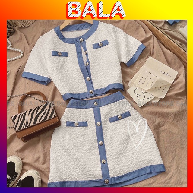 Set Áo Croptop Trắng Viền Xanh + Chân Váy Dạ