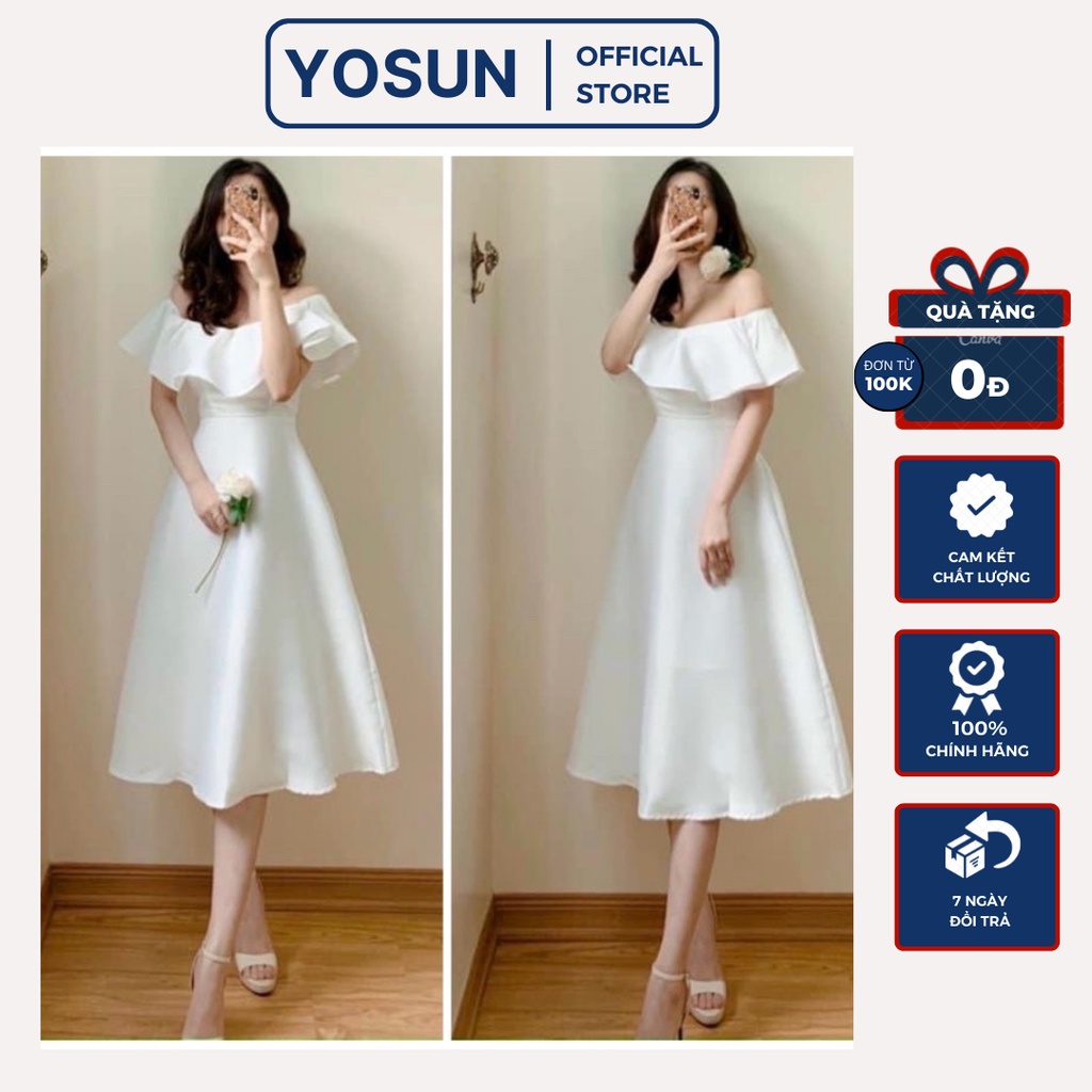 Đầm Đi Tiệc Dáng Dài Xòe Trễ Vai Trẻ Trung Năng Động, Đầm Phối Vai Bèo Sành Điệu Màu Trắng