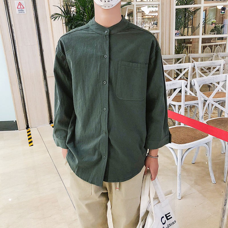 Áo Sơ Mi Đũi Nam Cổ Tàu Form Rộng Phong Cách Hàn Quốc Trẻ Trung Năng Động