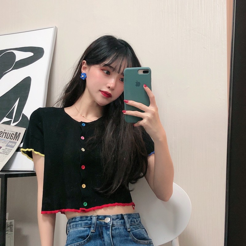 Áo croptop len tăm Maoshop khuy thật ngắn tay ulzzang Hàn Quốc C31 - MaoMao | BigBuy360 - bigbuy360.vn