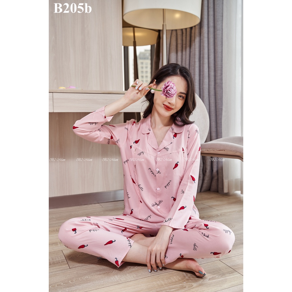 Bộ bầu dài tay kết hợp mặc sau sinh kiểu Pijama chất Lanh mềm mát thoải mái B205B B2 MUM