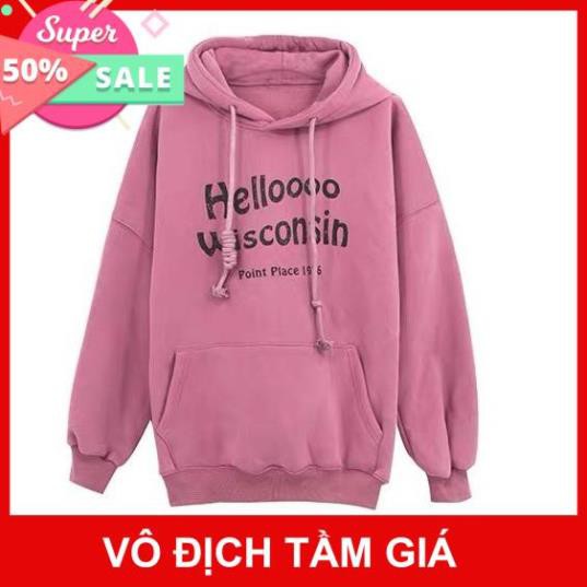 Freeship Hàng Cao Cấp Áo Hoodie Nón Chui Trùm Đầu Nữ Chất Vải Nỉ Poly Unisex Nam Nữ, Hello WAH024NOHP - Eimistore