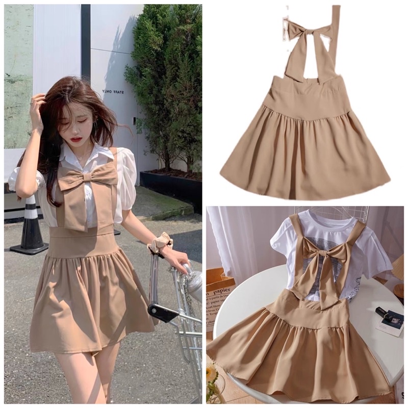 Váy Yếm Dài Ngang Đùi Xếp Ly Thắt Nơ Taobao