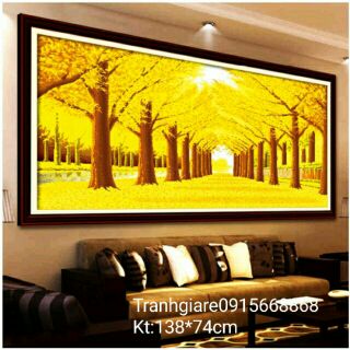 Tranh thêu chữ thập phong cảnh con đường mùa thu lá vàng kt 138×74