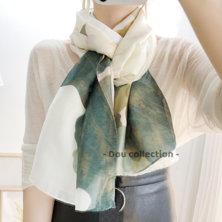 Khăn Choàng Quàng Cổ Lụa Cao Cấp Màu Trắng Xanh Đi Biển - Chất Liệu Silk - Size:90x190cm - Mã KS002