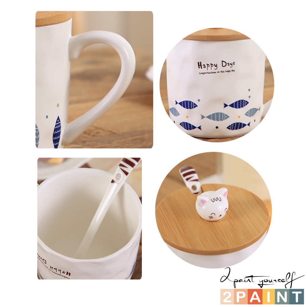 Cốc sứ Happy Days có nắp gỗ, cốc uống nước họa tiết cá gỗ decor, trang trí ( Tặng thìa sứ ) 2PAINT