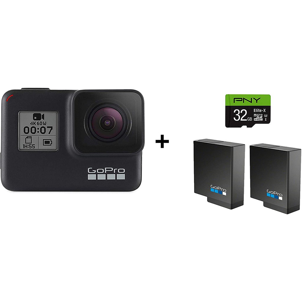 GoPro HERO7 Black + PNY Elite-X 32GB microSDHC UHS-I, U3 + 2 Total Rechargeable Batteries - Waterproof Digital Action