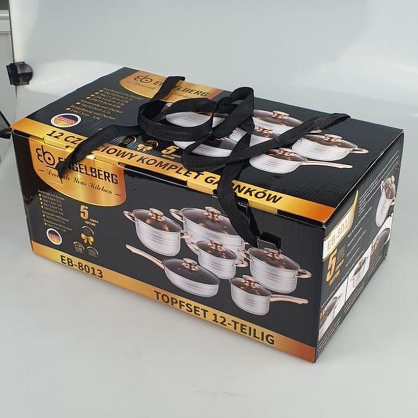 Bộ nồi Đức ENGELBERG 6 món 12 chi tiết đáy inox dày dặn dùng cho mọi loại bếp mạ vàng kèm nắp kính cao cấp Angola