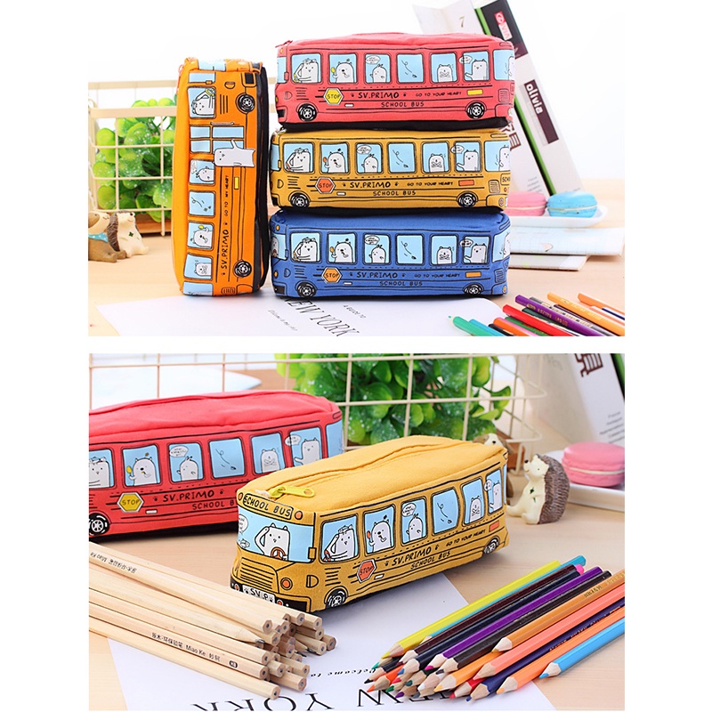 Bóp Viết Vải Canvas Đa Năng Có Khóa Kéo In Hình Xe Buýt Dễ Thương