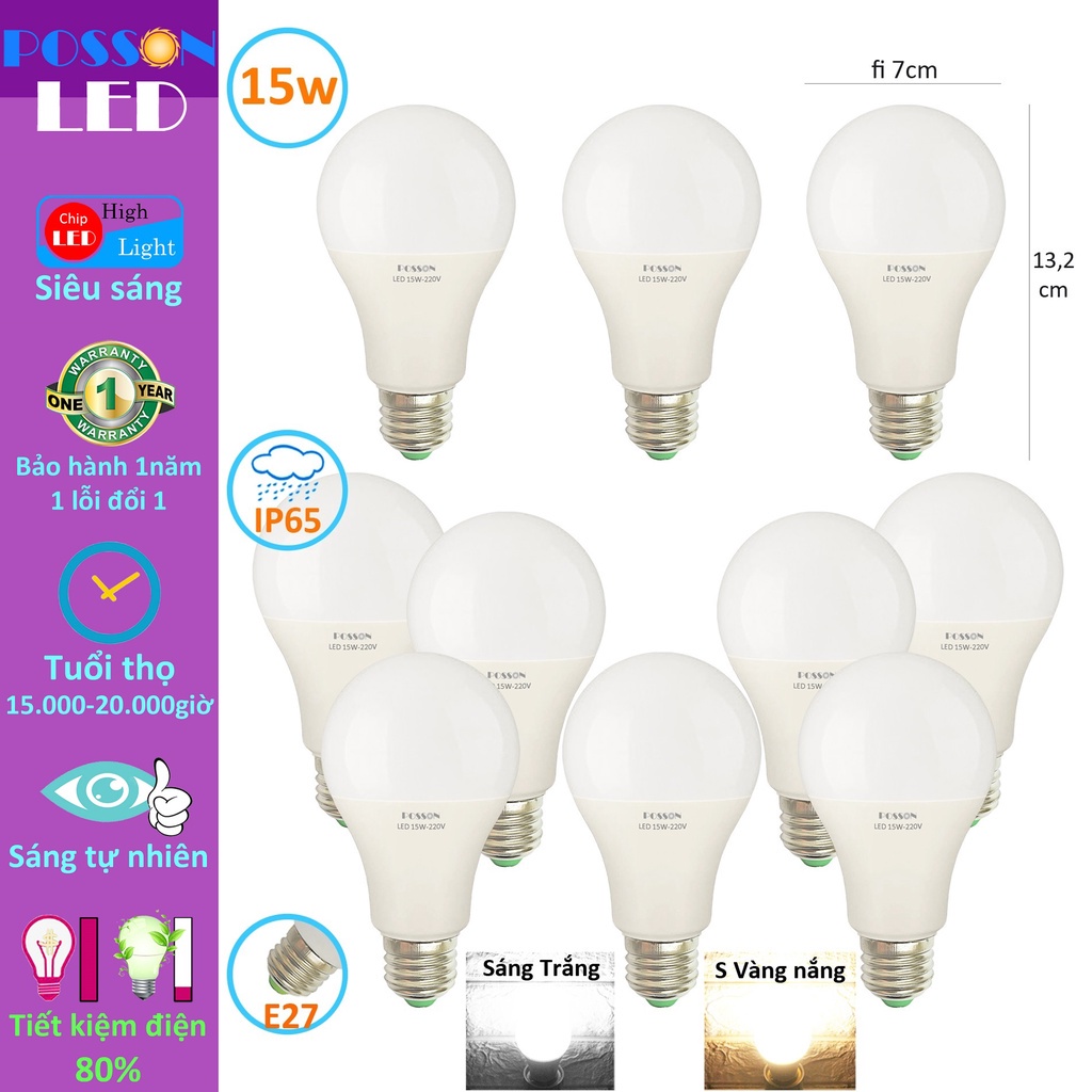 10 Bóng đèn Led 15w bup tròn A70 bulb tiết kiệm điện siêu sáng kín chống nước Posson LB-15x