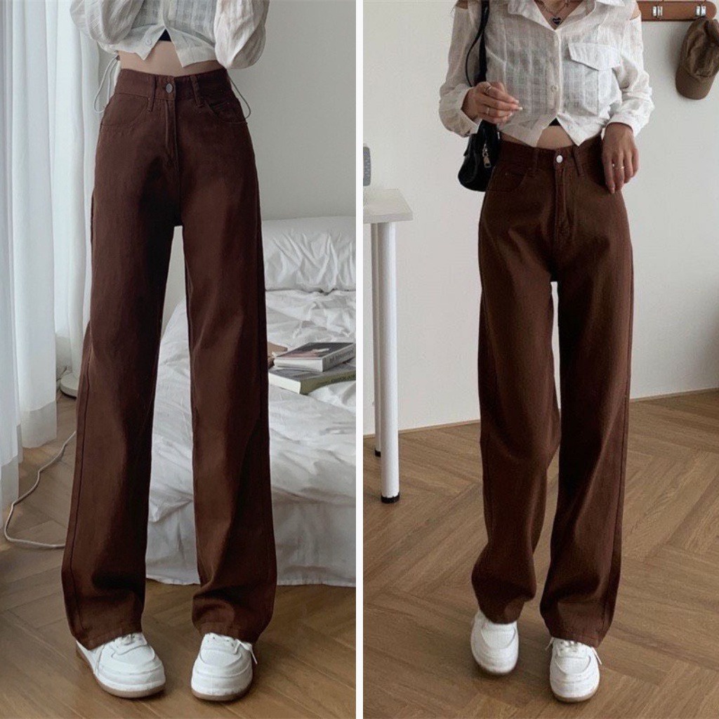 QUẦN JEAN ỐNG SUÔNG NÂU CẠP CAO SIÊU HACK DÁNG SIÊU TÔN DÁNG