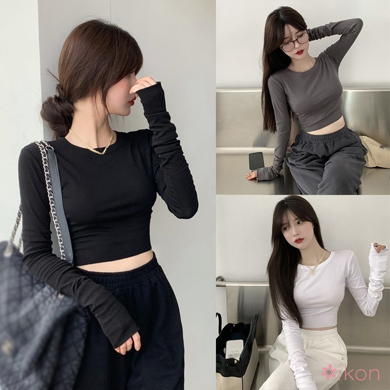 Áo Croptop Tay Dài Cổ Tròn Dáng Ôm Thời Trang Cho Nữ